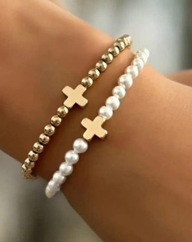 Pearl & Gold Cross Bracelet Set